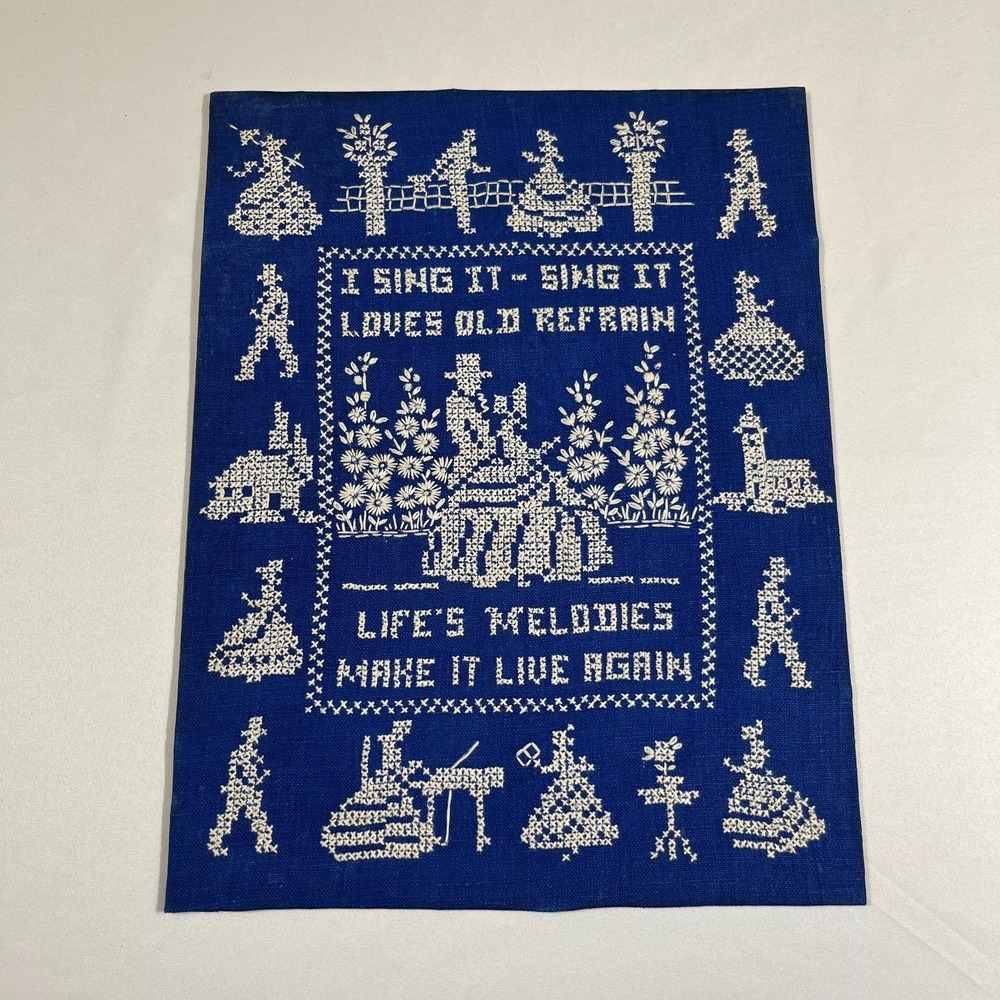 Vintage 1938 Cross Stitch Sampler Blue Folk Art Handmade "Life's Melodies"